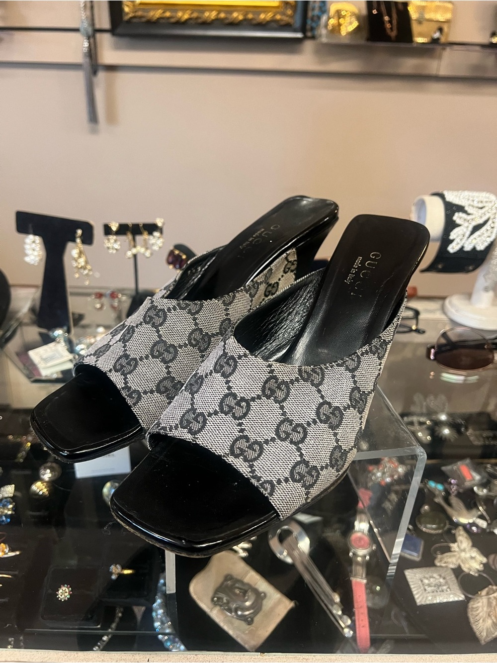 Gucci Gray & Black GG Canvas Open-Toe Mules